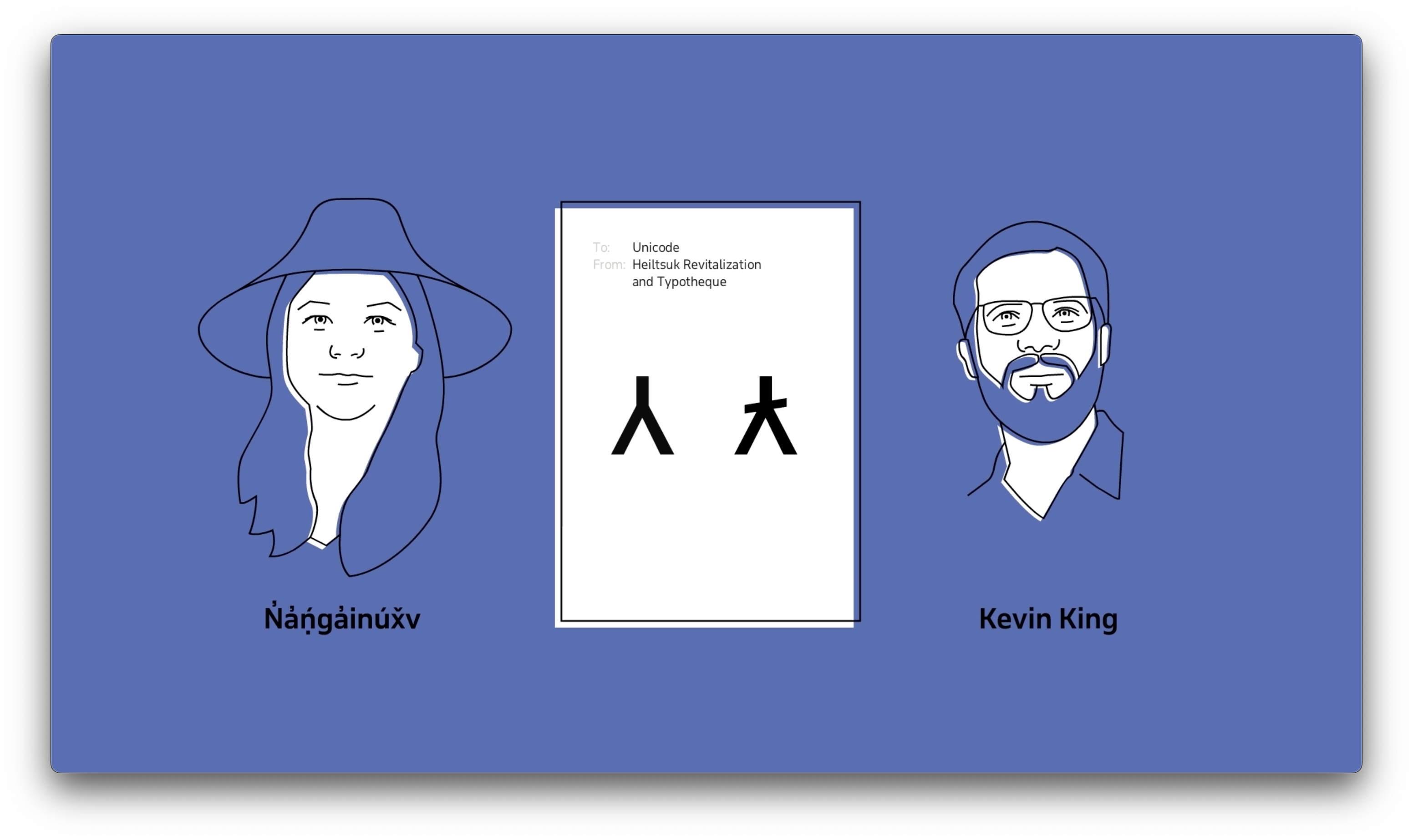 An illustrated representation of N̓a̓ṇ́ga̓inúx̌v (Robyn Humchitt) of Heiltsuk Revitalization and Kevin King of Typotheque on either side of the two new capital letter Unicode characters.